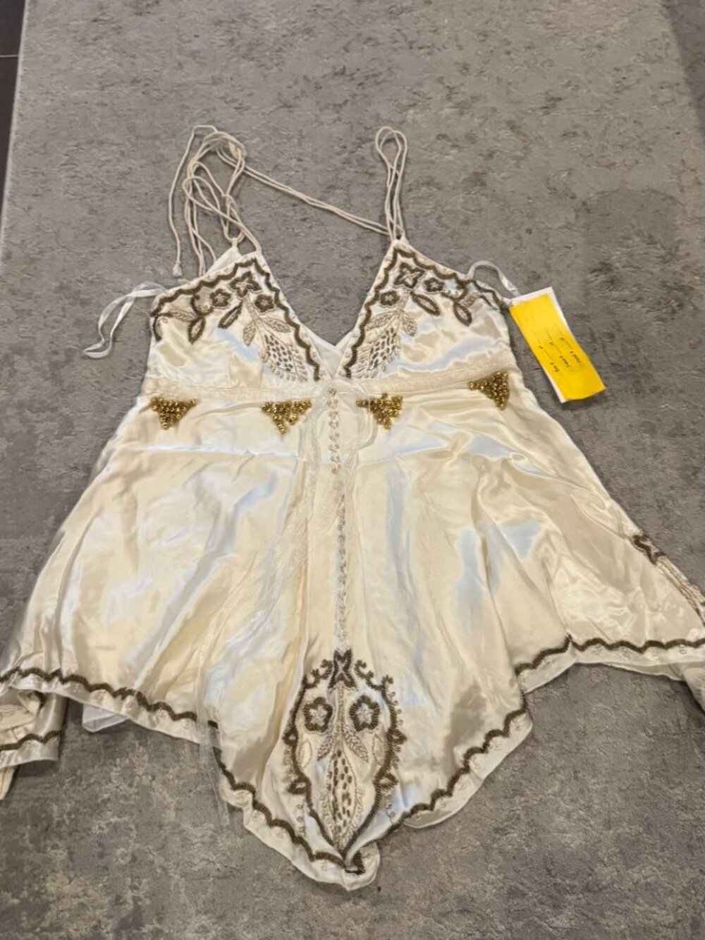 Sue Wong Silk Chiffon Y2K Handkerchief V Camisole Ivory Cream Gold Crochet Top 8 - Picture 3 of 16